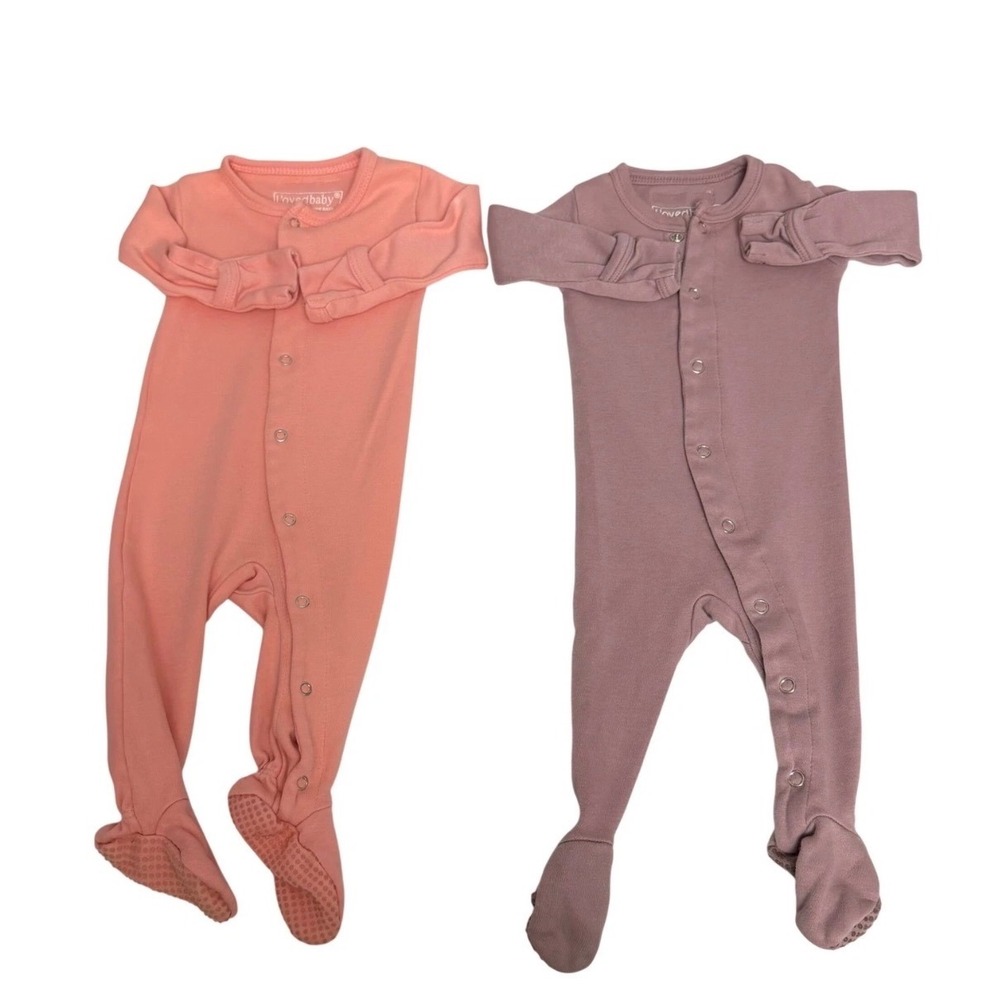 L'ovedbaby 0-3M Organic Cotton Footed Sleeper Set 2 Pack Peach Mauve Pink Snap